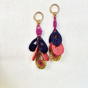 Handmade Woven Palm Leaf Multicolor Long Earrings Gold Plated
